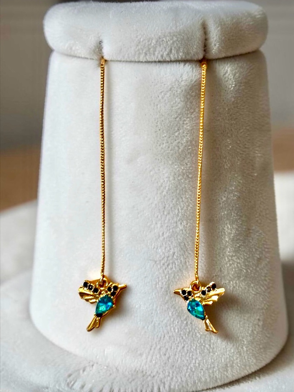 Gold Hummingbird Threader Earrings with Teal Crystals